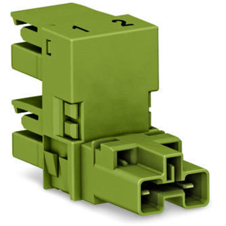 h-distribution connector; 2-pole; Cod. B; 1 input; 2 outputs; outputs on one side; 2 locking levers; light green