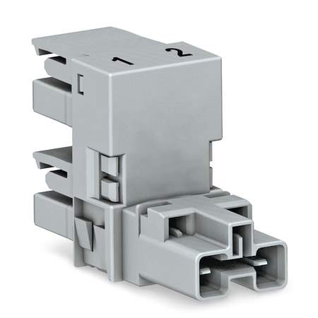 h-distribution connector; 2-pole; Cod. B; 1 input; 2 outputs; outputs on one side; 2 locking levers; gray