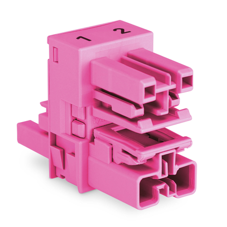 h-distribution connector; 2-pole; Cod. B; 1 input; 2 outputs; outputs on both sides; 2 locking levers; pink