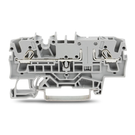 2-conductor through terminal block; 2.5 mm²; with test option; same profile as 2-conductor disconnect terminal block; side and center marking; for DIN-rail 35 x 15 and 35 x 7.5; Push-in CAGE CLAMP®; 2,50 mm²; gray