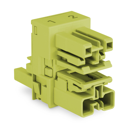 h-distribution connector; 2-pole; Cod. B; 1 input; 2 outputs; outputs on both sides; 2 locking levers; light green