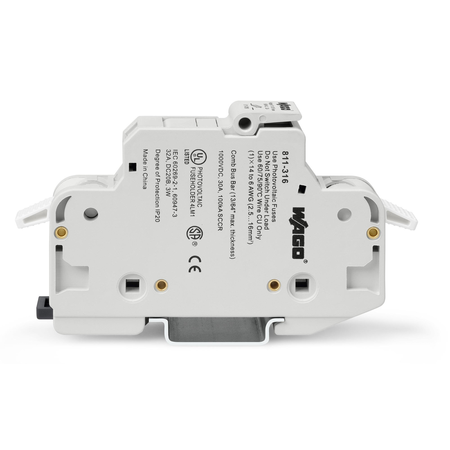 2-conductor fuse terminal block; for cylindrical fuses 10 x 38 mm; 13/32 x 11/2; for photovoltaic applications; without blown fuse indication; for DIN-rail 35 x 15 and 35 x 7.5; 16 mm²; CAGE CLAMP®; 16,00 mm²; light gray