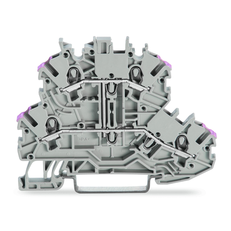 Double-deck terminal block; 4-conductor through terminal block; L; without marker carrier; internal commoning; conductor entry with violet marking; for DIN-rail 35 x 15 and 35 x 7.5; 1 mm²; Push-in CAGE CLAMP®; 1,00 mm²; gray