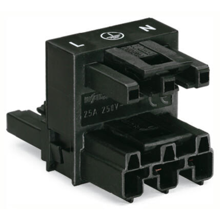 h-distribution connector; 3-pole; Cod. A; 1 input; 2 outputs; outputs on both sides; 3 locking levers; for flying leads; black