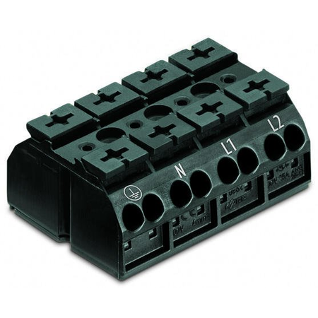 4-conductor chassis-mount terminal strip; 4-pole; PE-N-L1-L2; without ground contact; for 3 mm ø screw and nut; 4 mm²; 4,00 mm²; black