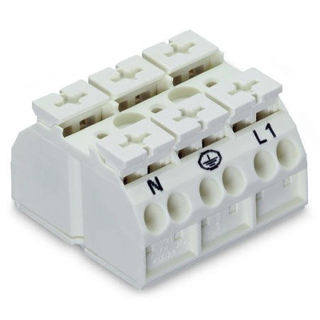 4-conductor chassis-mount terminal strip; 3-pole; N-PE-L1; with ground contact; 4 mm²; 4,00 mm²; white