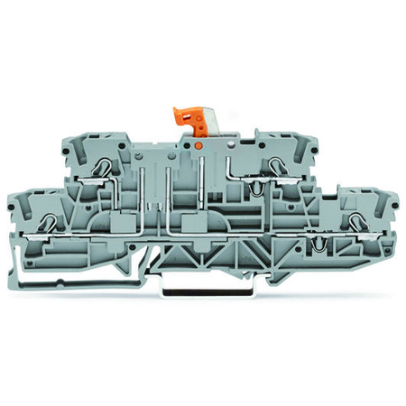 Double-deck disconnect terminal block; with pivoting knife disconnect; same profile as double-deck, double-disconnect terminal block; L/L; for DIN-rail 35 x 15 and 35 x 7.5; 2.5 mm²; Push-in CAGE CLAMP®; 2,50 mm²; gray