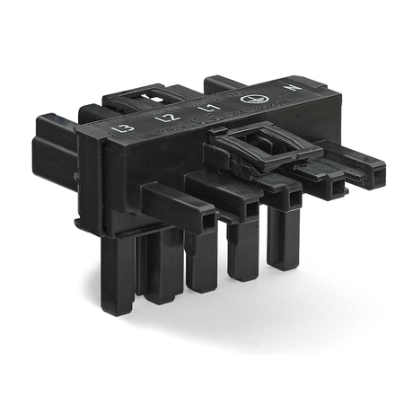 T-distribution connector; 5-pole; Cod. A; 1 input; 2 outputs; 3 locking levers; for flying leads; black