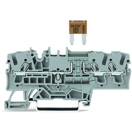 3-conductor fuse terminal block; for mini-automotive blade-style fuses; per DIN 7258-3f, ISO 8820-3; with test option; without blown fuse indication; 2.5 mm²; Push-in CAGE CLAMP®; 2,50 mm²; gray