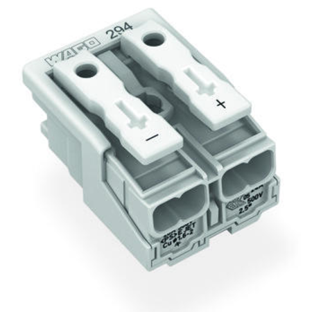 Lighting connector; push-button, external; without ground contact; 2-pole; Lighting side: for solid conductors; Inst. side: for all conductor types; max. 2.5 mm²; Surrounding air temperature: max 85°C (T85); 2,50 mm²; white