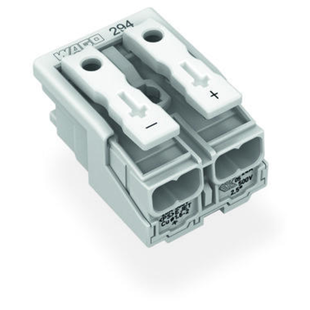 Lighting connector; push-button, external; without ground contact; 2-pole; Lighting side: for solid conductors; Inst. side: for all conductor types; max. 2.5 mm²; Surrounding air temperature: max 85°C (T85); 2,50 mm²; white