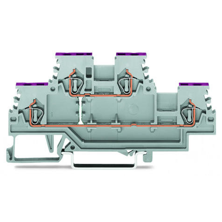 Double-deck terminal block; 4-conductor through terminal block; L; internal commoning; conductor entry with violet marking; for DIN-rail 35 x 15 and 35 x 7.5; 1.5 mm²; CAGE CLAMP®; 1,50 mm²; gray