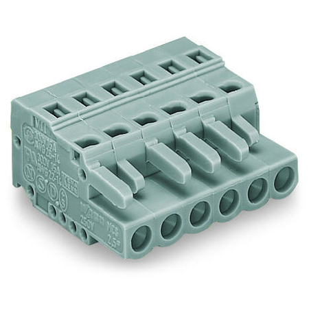 1-conductor female plug; Strain relief plate; 2.5 mm²; Pin spacing 5 mm; 6-pole; 2,50 mm²; gray