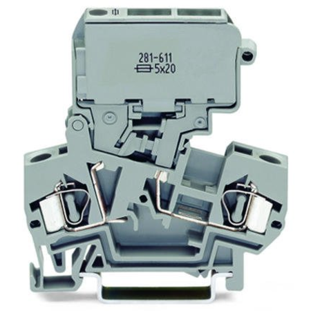 2-conductor fuse terminal block; with pivoting fuse holder; for 5 x 30 mm miniature metric fuse; without blown fuse indication; for DIN-rail 35 x 15 and 35 x 7.5; 4 mm²; CAGE CLAMP®; 4,00 mm²; gray