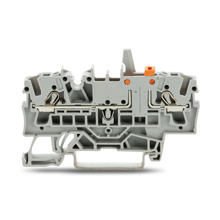 2-conductor disconnect/test terminal block; with mechanical interlock; with test option; orange disconnect link; for DIN-rail 35 x 15 and 35 x 7.5; 2.5 mm²; Push-in CAGE CLAMP®; 2,50 mm²; gray