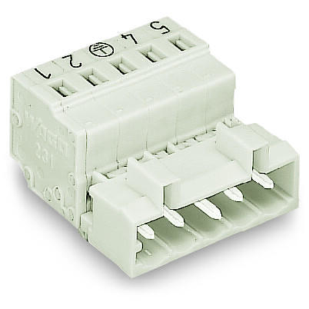 1-conductor male connector; 100% protected against mismating; Preceding ground contact; Snap-in mounting feet; Snap-in flange; direct marking; 2.5 mm²; Pin spacing 5 mm; 5-pole; 2,50 mm²; light gray