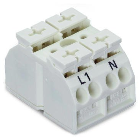 4-conductor chassis-mount terminal strip; 2-pole; L1-N; without ground contact; 1 snap-in foot per pole; 4 mm²; 4,00 mm²; white