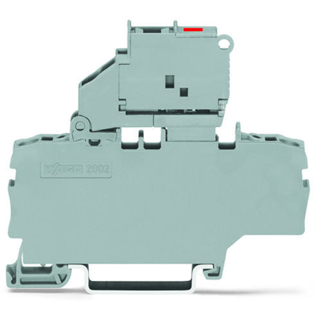 2-conductor fuse terminal block; with pivoting fuse holder; with additional jumper position; for 5 x 20 mm miniature metric fuse; with blown fuse indication by LED; 230 V; for DIN-rail 35 x 15 and 35 x 7.5; 2.5 mm²; Push-in CAGE CLAMP®; 2,50 mm²; gray