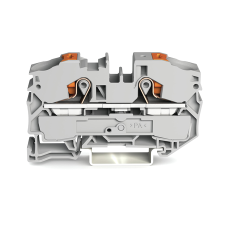 2-conductor through terminal block; with push-button; 16 mm²; with test port; side and center marking; for DIN-rail 35 x 15 and 35 x 7.5; Push-in CAGE CLAMP®; 16,00 mm²; gray