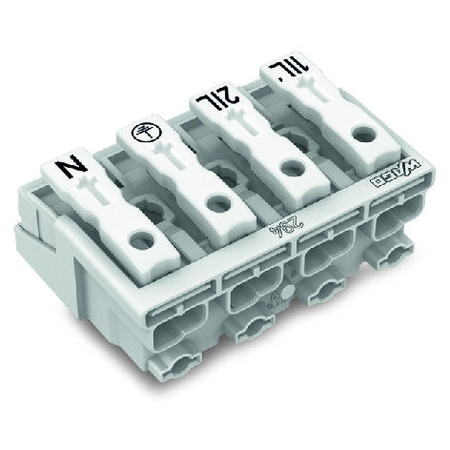 Lighting connector; push-button, external; without ground contact; 1/L´-2/L-PE-N; 4-pole; Lighting side: for solid conductors; Inst. side: for all conductor types; max. 2.5 mm²; Surrounding air temperature: max 85°C (T85); 2,50 mm²; white