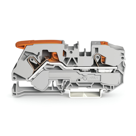 2-conductor through terminal block; with lever and push-button; 16 mm²; with test port; side and center marking; for DIN-rail 35 x 15 and 35 x 7.5; Push-in CAGE CLAMP®; 16,00 mm²; gray