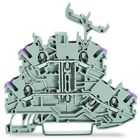 Double-deck terminal block; 4-conductor through terminal block; L; with marker carrier; internal commoning; conductor entry with violet marking; for DIN-rail 35 x 15 and 35 x 7.5; 1 mm²; Push-in CAGE CLAMP®; 1,00 mm²; gray