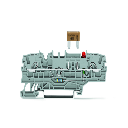 2-conductor fuse terminal block; for mini-automotive blade-style fuses; with test option; with blown fuse indication by LED; 24 V; for DIN-rail 35 x 15 and 35 x 7.5; 2.5 mm²; Push-in CAGE CLAMP®; 2,50 mm²; gray