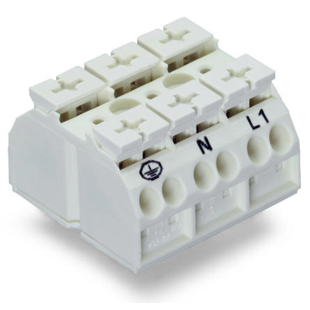 4-conductor chassis-mount terminal strip; 3-pole; PE-N-L1; with ground contact; for 3 mm ø screw and nut; 4 mm²; 4,00 mm²; white