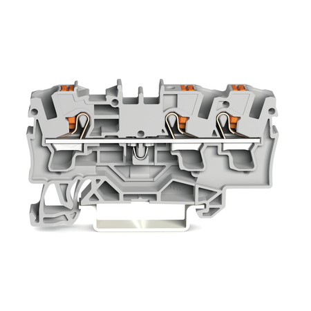 3-conductor through terminal block; with push-button; 4 mm²; with test port; side and center marking; for DIN-rail 35 x 15 and 35 x 7.5; Push-in CAGE CLAMP®; 4,00 mm²; gray