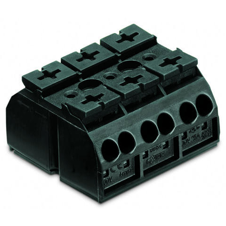 4-conductor chassis-mount terminal strip; 3-pole; without ground contact; 1 snap-in foot per pole; 4 mm²; 4,00 mm²; black