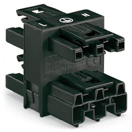 3-way distribution connector; 3-pole; Cod. P; 1 input; 3 outputs; 2 locking levers; red