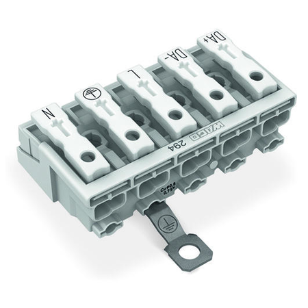 Lighting connector; push-button, external; with screw-type ground contact; DA+ DA- L PE N; 5-pole; Lighting side: for solid conductors; Inst. side: for all conductor types; max. 2.5 mm²; Surrounding air temperature: max 85°C (T85); 2,50 mm²; white