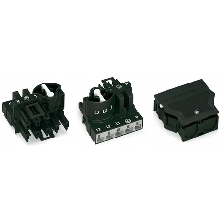 Three-phase to single-phase distribution connector; with phase selection; 5-pole/3-pole; Cod. A; 1 input; 2 outputs; with cable connection on the input side; black