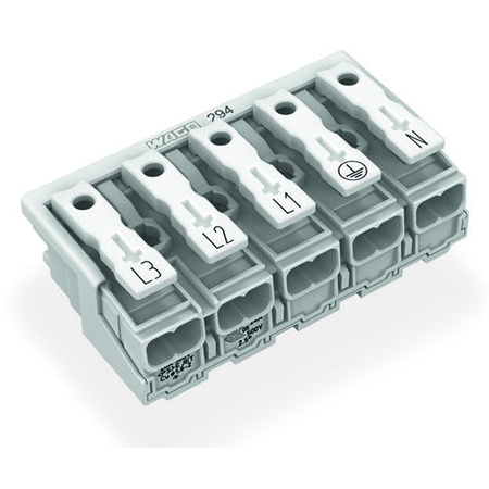 Lighting connector; push-button, external; without ground contact; L3-L2-L1-PE-N; 5-pole; Lighting side: for solid conductors; Inst. side: for all conductor types; max. 2.5 mm²; Surrounding air temperature: max 85°C (T85); 2,50 mm²; white