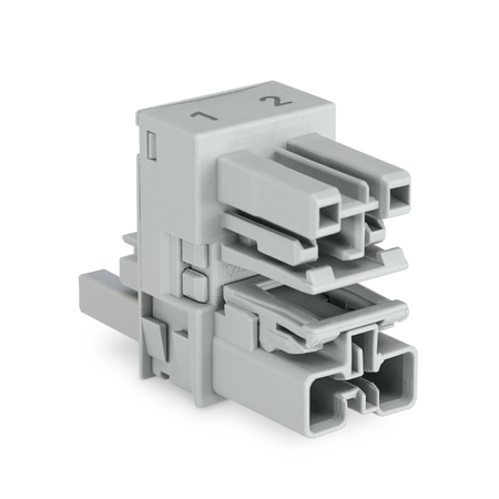 h-distribution connector; 2-pole; Cod. B; 1 input; 2 outputs; outputs on both sides; 2 locking levers; gray