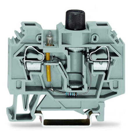 2-conductor fuse terminal block; for glass cartridge fuse ¼ x 1¼; with blown fuse indication by neon lamp; for DIN-rail 35 x 15 and 35 x 7.5; 6 mm²; CAGE CLAMP®; 6,00 mm²; gray