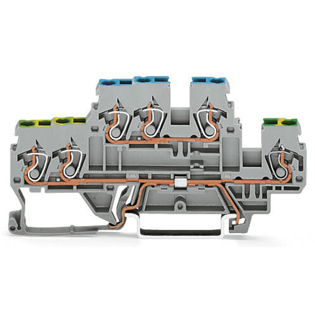 3-conductor, double-deck terminal block; green-yellow conductor entry; for DIN-rail 35 x 15 and 35 x 7.5; 2.5 mm²; CAGE CLAMP®; 2,50 mm²; gray