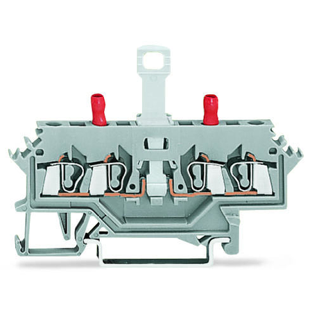 4-conductor disconnect/test terminal block; without pivoting knife disconnect; with touch-proof test sockets; Test socket, red; for DIN-rail 35 x 15 and 35 x 7.5; 2.5 mm²; CAGE CLAMP®; 2,50 mm²; gray