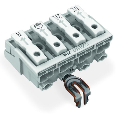 Lighting connector; push-button, external; with snap-in ground contact; 1/L´-2/L-PE-N; 4-pole; Lighting side: for solid conductors; Inst. side: for all conductor types; max. 2.5 mm²; Surrounding air temperature: max 85°C (T85); 2,50 mm²; white