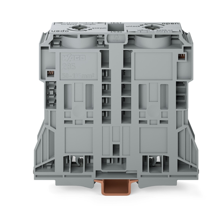 2-conductor through terminal block; 185 mm²; lateral marker slots; only for din 35 x 15 rail; power cage clamp; 185,00 mm²; gray