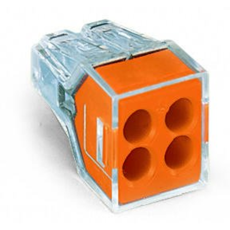 PUSH WIRE® connector for junction boxes; for solid and stranded conductors; max. 2.5 mm²; 4-conductor; transparent housing; orange cover; Surrounding air temperature: max 60°C; 2,50 mm²