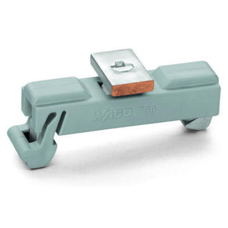 Carrier with grounding foot; parallel to carrier rail; 15 mm long; Cu 10 mm x 3 mm; suitable for 790-108 shield clamping saddles