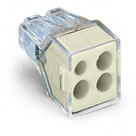 PUSH WIRE® connector for junction boxes; for solid and stranded conductors; max. 2.5 mm²; 4-conductor; transparent housing; light gray cover; Surrounding air temperature: max 60°C; 2,50 mm²