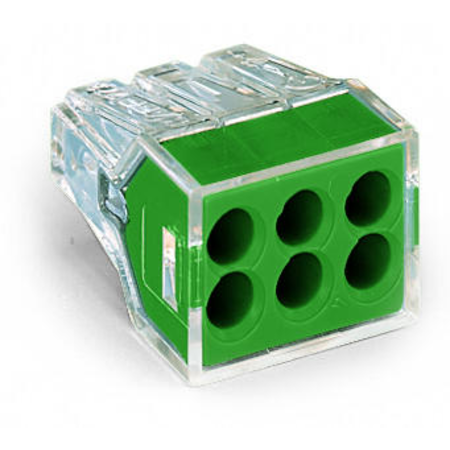 Push wire® connector for junction boxes; for solid and stranded conductors; max. 2.5 mm²; 6-conductor; transparent housing; green cover; surrounding air temperature: max 60°c; 2,50 mm²