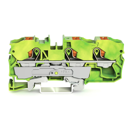 3-conductor ground terminal block; 10 mm²; with test port; side and center marking; for DIN-rail 35 x 15 and 35 x 7.5; Push-in CAGE CLAMP®; 10,00 mm²; green-yellow