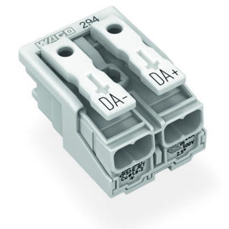 Lighting connector; push-button, external; without ground contact; 2-pole; Lighting side: for solid conductors; Inst. side: for all conductor types; max. 2.5 mm²; Surrounding air temperature: max 85°C (T85); 2,50 mm²; white