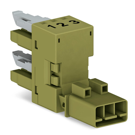 h-distribution connector; 3-pole; Cod. B; 1 input; 2 outputs; outputs on one side; 2 locking levers; light green