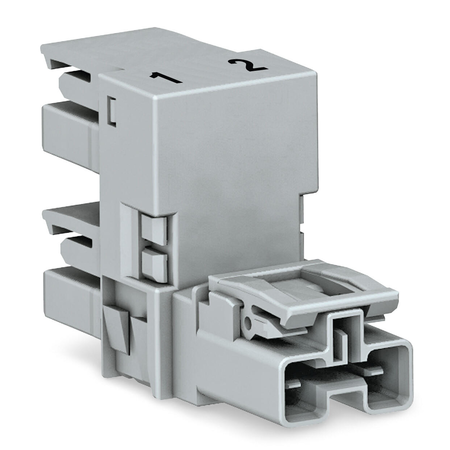 h-distribution connector; 2-pole; Cod. B; 1 input; 2 outputs; outputs on one side; 3 locking levers; for flying leads; gray