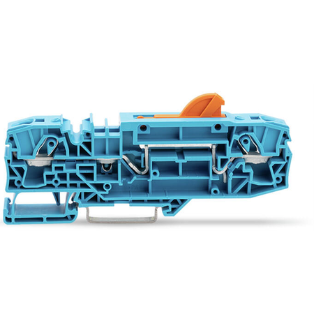 2-conductor disconnect/test terminal block; with pivoting knife disconnect; with test option; orange disconnect link; for DIN-rail 35 x 15 and 35 x 7.5; 6 mm²; Push-in CAGE CLAMP®; 6,00 mm²; blue