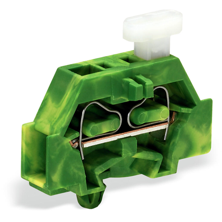 2-conductor terminal block; on one side with push-button; with snap-in mounting foot; for plate thickness 0.6 - 1.2 mm; Fixing hole 3.5 mm Ø; 2.5 mm²; CAGE CLAMP®; 2,50 mm²; green-yellow